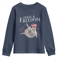 Funny Feral And Free Youth Sweatshirt 4th of July Patriotic Raccoon With American Flag - Wonder Print Shop