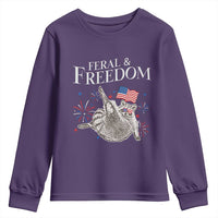 Funny Feral And Free Youth Sweatshirt 4th of July Patriotic Raccoon With American Flag - Wonder Print Shop