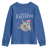 Funny Feral And Free Youth Sweatshirt 4th of July Patriotic Raccoon With American Flag - Wonder Print Shop