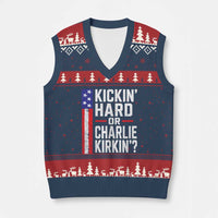 Funny Kickin Hard Or Kirkin US Political V-Neck Knit Sweater Vest Vintage American Flag
