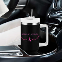 Funny Breast Cancer Awareness Tumbler With Handle Bitches Get Stitches Pink Ribbon