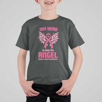 Breast Cancer Awareness T Shirt For Kid My Hero Is Now My Angel Pink Ribbon Wings Heart - Wonder Print Shop