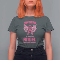 Breast Cancer Awareness T Shirt For Women My Hero Is Now My Angel Pink Ribbon Wings Heart - Wonder Print Shop