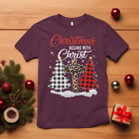 Christmas Begins With Christ T Shirt Leopard Cross Plaid Xmas Tree - Wonder Print Shop
