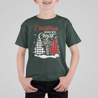 Christmas Begins With Christ T Shirt For Kid Leopard Cross Plaid Xmas Tree - Wonder Print Shop