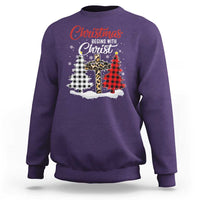 Christmas Begins With Christ Sweatshirt Leopard Cross Plaid Xmas Tree - Wonder Print Shop
