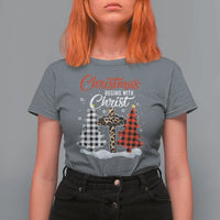 Christmas Begins With Christ T Shirt For Women Leopard Cross Plaid Xmas Tree - Wonder Print Shop