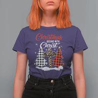 Christmas Begins With Christ T Shirt For Women Leopard Cross Plaid Xmas Tree - Wonder Print Shop