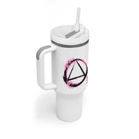 AA Sober Symbol Serenity Recovery Tumbler With Handle Japanese Cherry Blossom Brushstroke Circle
