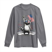 Funny Feral And Free Long Sleeve Shirt 4th of July Patriotic Raccoon With American Flag Fireworks - Wonder Print Shop