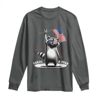 Funny Feral And Free Long Sleeve Shirt 4th of July Patriotic Raccoon With American Flag Fireworks - Wonder Print Shop