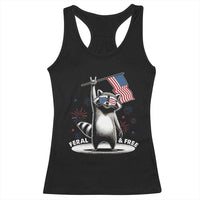 Funny Feral And Free Racerback Tank Top 4th of July Patriotic Raccoon With American Flag Fireworks - Wonder Print Shop