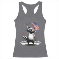 Funny Feral And Free Racerback Tank Top 4th of July Patriotic Raccoon With American Flag Fireworks - Wonder Print Shop
