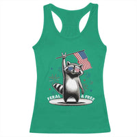 Funny Feral And Free Racerback Tank Top 4th of July Patriotic Raccoon With American Flag Fireworks - Wonder Print Shop