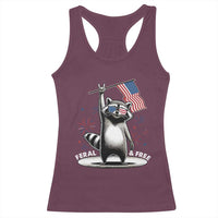 Funny Feral And Free Racerback Tank Top 4th of July Patriotic Raccoon With American Flag Fireworks - Wonder Print Shop