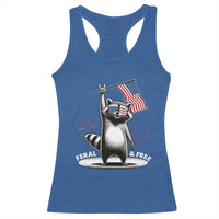 Funny Feral And Free Racerback Tank Top 4th of July Patriotic Raccoon With American Flag Fireworks - Wonder Print Shop