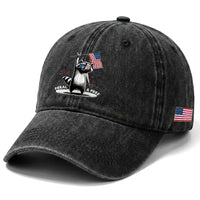 Funny Feral And Free Washed Cotton Baseball Cap 4th of July Patriotic Raccoon With American Flag Fireworks