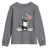 Funny Feral And Free Youth Sweatshirt 4th of July Patriotic Raccoon With American Flag Fireworks - Wonder Print Shop