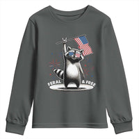 Funny Feral And Free Youth Sweatshirt 4th of July Patriotic Raccoon With American Flag Fireworks - Wonder Print Shop