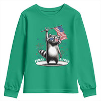 Funny Feral And Free Youth Sweatshirt 4th of July Patriotic Raccoon With American Flag Fireworks - Wonder Print Shop