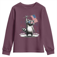 Funny Feral And Free Youth Sweatshirt 4th of July Patriotic Raccoon With American Flag Fireworks - Wonder Print Shop
