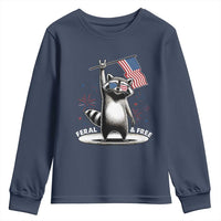 Funny Feral And Free Youth Sweatshirt 4th of July Patriotic Raccoon With American Flag Fireworks - Wonder Print Shop