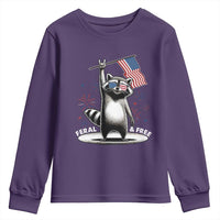 Funny Feral And Free Youth Sweatshirt 4th of July Patriotic Raccoon With American Flag Fireworks - Wonder Print Shop
