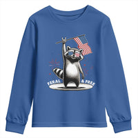 Funny Feral And Free Youth Sweatshirt 4th of July Patriotic Raccoon With American Flag Fireworks - Wonder Print Shop