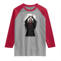 Funny Scary Face Ghost Hand Heart Sign Halloween Raglan Shirt - Wonder Print Shop