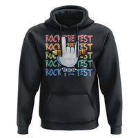 Funny Rock The Test Teacher Testing Day Hoodie Rock And Roll Hand Sign