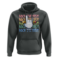 Funny Rock The Test Teacher Testing Day Hoodie Rock And Roll Hand Sign