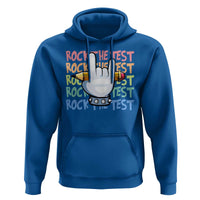 Funny Rock The Test Teacher Testing Day Hoodie Rock And Roll Hand Sign