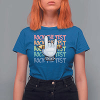 Funny Rock The Test Teacher Testing Day T Shirt For Women Rock And Roll Hand Sign