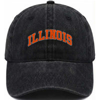 Illinois Sports Fan Washed Cotton Baseball Cap Vintage Orange Blue Throwback Text IL State