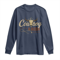Funny Cowboy And Beer Long Sleeve Shirt Western Country Music Longhorn Skull - Wonder Print Shop
