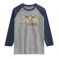 Funny Cowboy And Beer Raglan Shirt Western Country Music Longhorn Skull - Wonder Print Shop