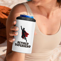 Retired Superhero Retirement Gift 4 in 1 Can Cooler Tumbler Flying Red Cape Silhouette Graphic