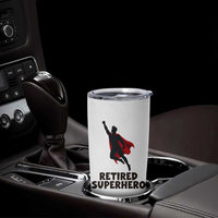 Retired Superhero Retirement Gift Tumbler Cup Flying Red Cape Silhouette Graphic