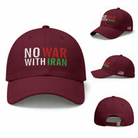 No War With Iran Baseball Cap Anti War Protest Apparel Gift
