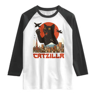 Catzilla Raglan Shirt Funny Giant Cat Monster Roaring Tokyo Japan - Wonder Print Shop