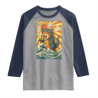 Catzilla Raglan Shirt Kawaii Cat Monster Japanese Sun Wave Art - Wonder Print Shop