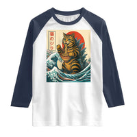 Catzilla Raglan Shirt Cute Cat Eating Ramen Japanese Sun Wave Art - Wonder Print Shop