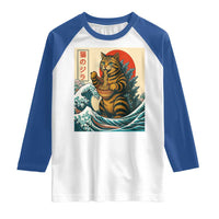 Catzilla Raglan Shirt Cute Cat Eating Ramen Japanese Sun Wave Art - Wonder Print Shop
