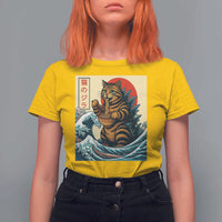 Catzilla T Shirt For Women Cute Cat Eating Ramen Japanese Sun Wave Art - Wonder Print Shop