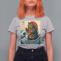 Catzilla T Shirt For Women Cute Cat Eating Ramen Japanese Sun Wave Art - Wonder Print Shop