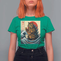 Catzilla T Shirt For Women Cute Cat Eating Ramen Japanese Sun Wave Art - Wonder Print Shop