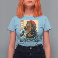 Catzilla T Shirt For Women Cute Cat Eating Ramen Japanese Sun Wave Art - Wonder Print Shop