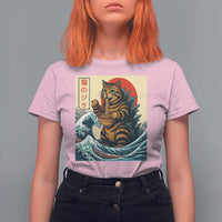Catzilla T Shirt For Women Cute Cat Eating Ramen Japanese Sun Wave Art - Wonder Print Shop