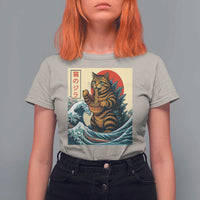 Catzilla T Shirt For Women Cute Cat Eating Ramen Japanese Sun Wave Art - Wonder Print Shop