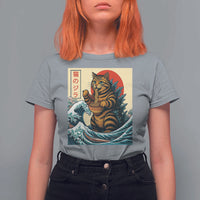 Catzilla T Shirt For Women Cute Cat Eating Ramen Japanese Sun Wave Art - Wonder Print Shop